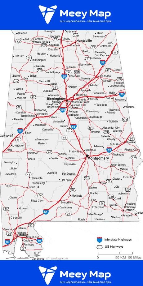 Bản đồ bang Alabama của Hoa Kỳ