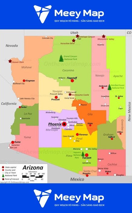 Bản đồ tiểu bang Arizona của Hoa Kỳ
