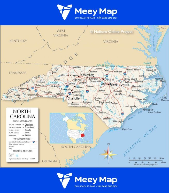 Bản đồ tiểu bang North Carolina của Hoa Kỳ