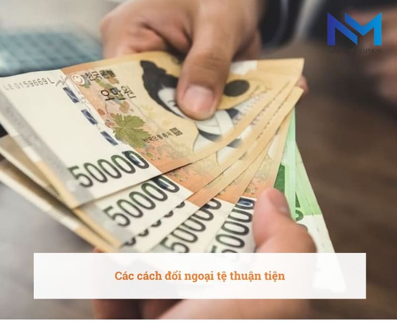 Bàn tay đang sử dụng máy tính và các đồng xu, thể hiện các cách đổi ngoại tệ thuận tiện và tính toán tỷ giá