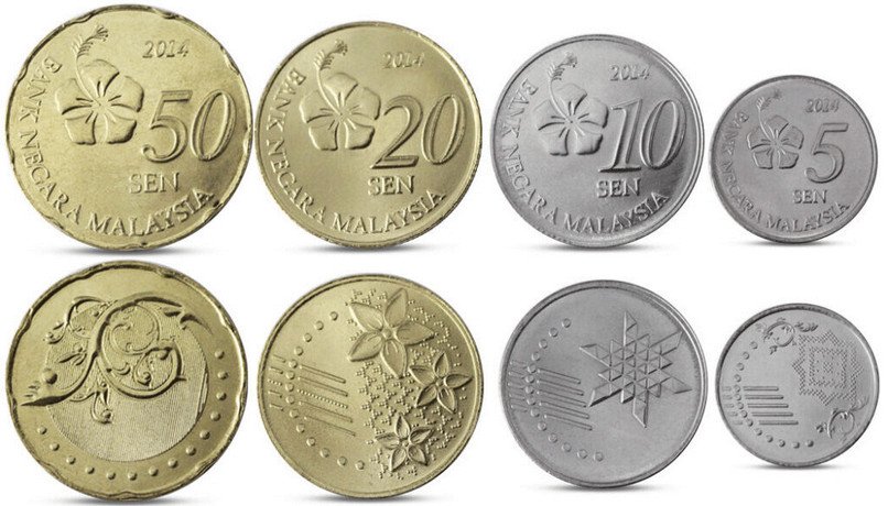 Các đồng xu Ringgit Malaysia với mệnh giá từ 5 sen đến 50 sen