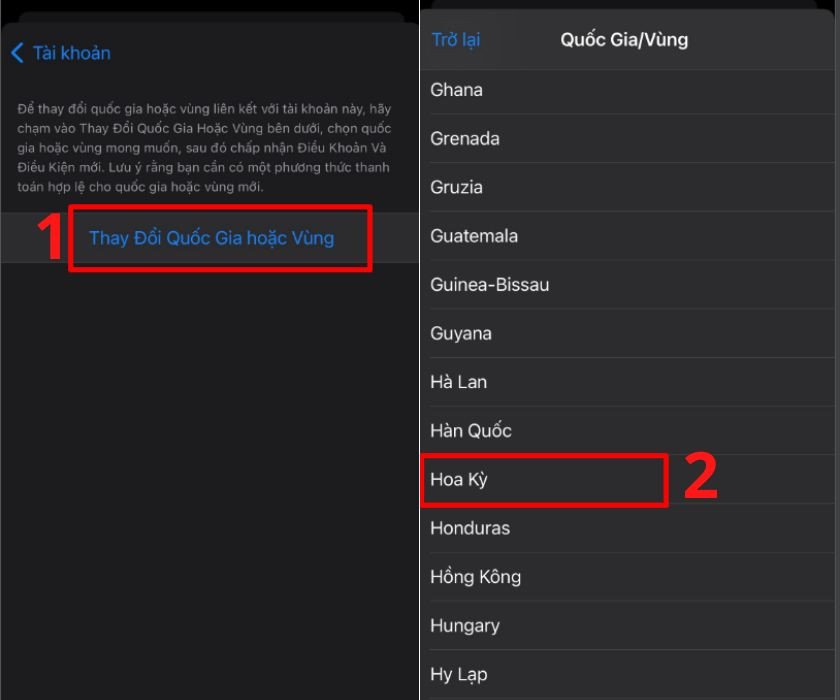 Danh sách các quốc gia có thể lựa chọn trong App Store, bao gồm Hoa Kỳ, khi người dùng muốn thay đổi vùng và nhập mã zip