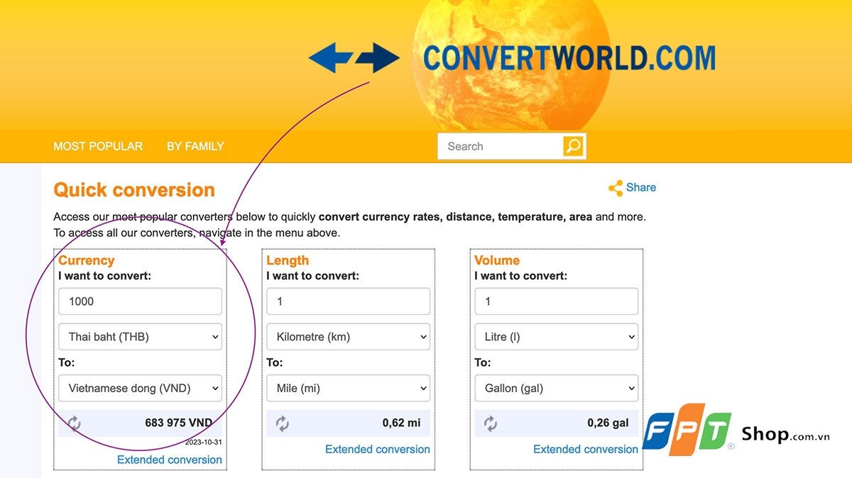Giao diện công cụ chuyển đổi tiền tệ trực tuyến Convertworld.com, cho phép người dùng dễ dàng kiểm tra 1000 Baht Thái đổi thành tiền Việt Nam.