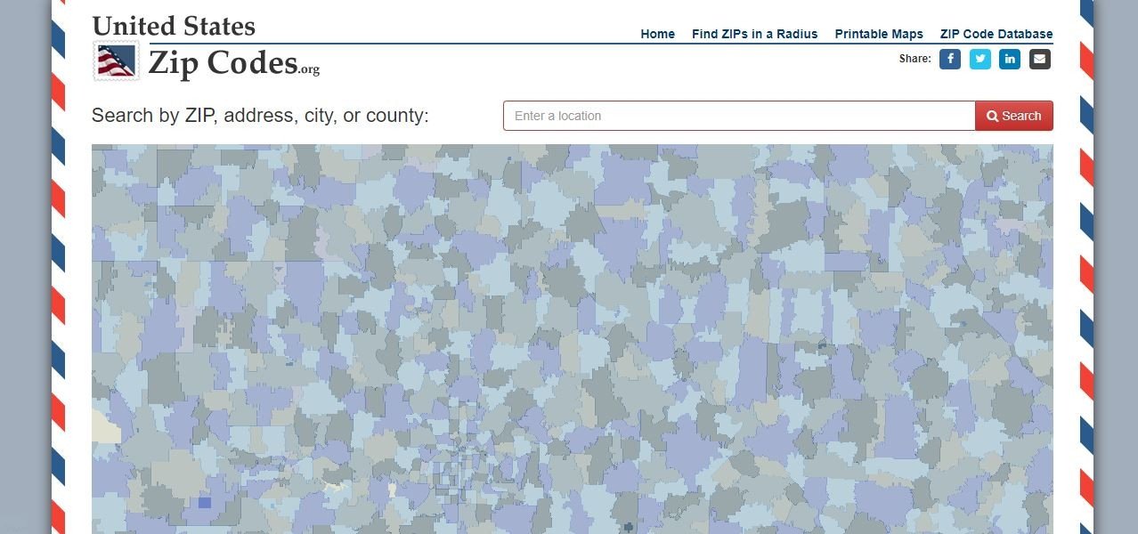 Giao diện trang web unitedstatesZipcodes.org, minh họa cách tìm kiếm mã Zip