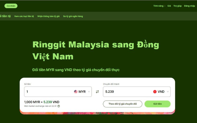 Giao diện website Wise để chuyển đổi tiền Ringgit Malaysia sang tiền Việt Nam nhanh chóng