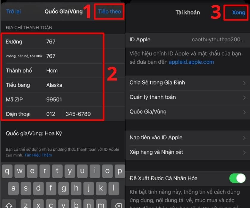 Hoàn tất quá trình chuyển vùng App Store với thông tin đã nhập, bao gồm mã zip Hoa Kỳ 99501