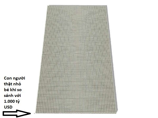 Khối lượng tiền mặt 1000 tỷ USD khổng lồ xếp thành hàng trăm hàng, khiến con người trở nên vô cùng nhỏ bé.