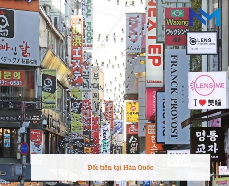 Khung cảnh thành phố Hàn Quốc, tượng trưng cho việc đổi tiền tại Hàn Quốc