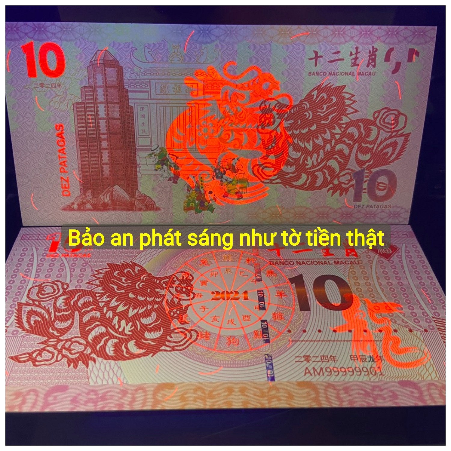 Kiểm tra tiền Macao 10 Patacas dưới tia UV, an toàn khi đổi tiền Macao sang tiền Việt Nam