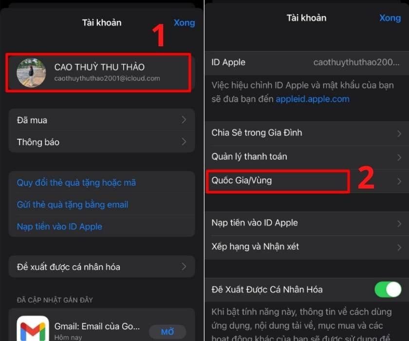 Màn hình cài đặt tài khoản Apple ID, nơi người dùng chọn mục Quốc Gia/Vùng để cập nhật mã zip chuyển vùng Hoa Kỳ