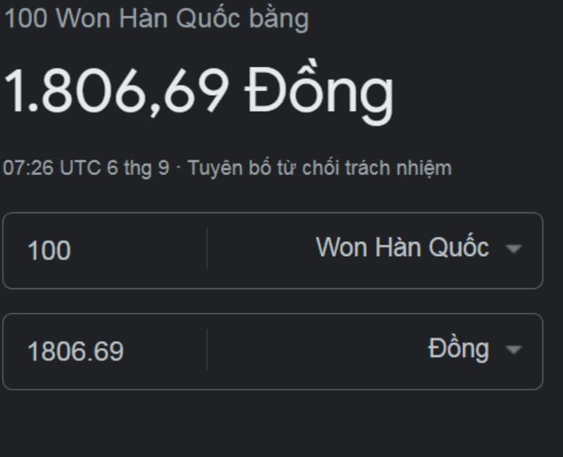 Màn hình máy tính hiển thị công cụ tìm kiếm Google với kết quả tra cứu tỷ giá Won sang VND