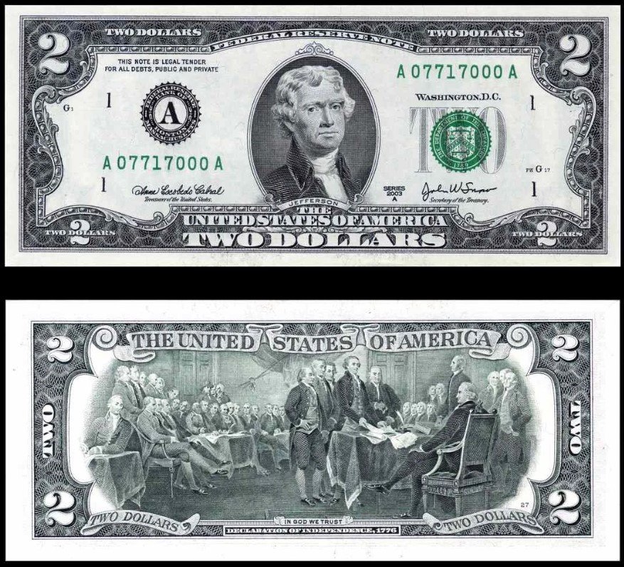 Tờ 2 đô la Mỹ với chân dung Thomas Jefferson, một mệnh giá đặc biệt trong hệ thống tiền tệ Hoa Kỳ.