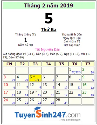 Tet 2019 Vao Ngay May Duong Lich?