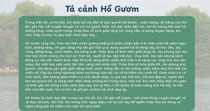 3bài Văn Tả Cảnh Hồ Gươm Lớp 5 Số 9: Hồ Gươm – Viên Ngọc Xanh Của Thành Phố