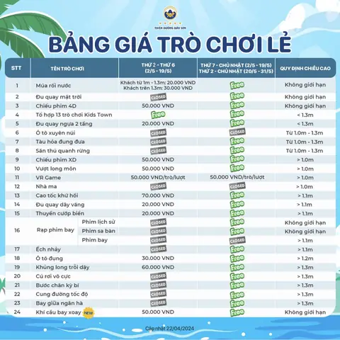 Lịch Hoạt Động Và Giá Vé Công Viên Thiên Đường Bảo Sơn Tháng 5/2024