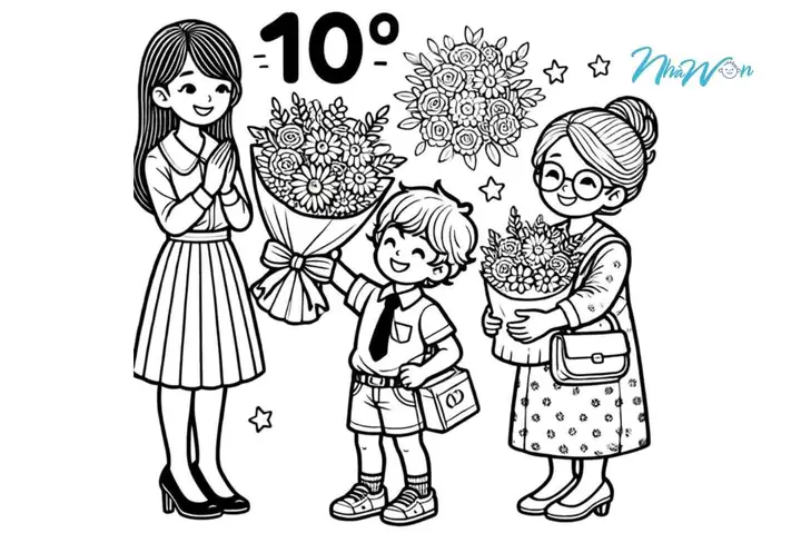 Tranh Tô Màu Học Sinh Tặng Hoa Cô Giáo 4-5 Tuổi
