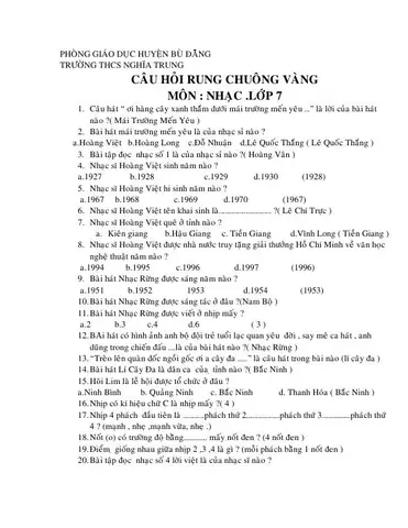 Đề Thi Rung Chuông Vàng Môn Nhạc Lớp 7 - Âm Nhạc 7 - Huỳnh Thị ...
