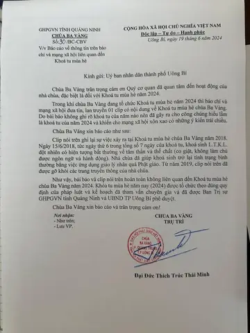 Đợt 1, Khóa Tu Mùa Hè Chùa Ba Vàng Được Khai Mạc Vào Ngày 12/6 Và Kết Thúc Ngày 19/6. Trong Thời Điểm Này Trên Mạng Xã Hội Lại Xuất Hiện 1 Clip Gây Tranh Cãi Có Hình Ảnh Nhà Sư Trụ Trì Của Chùa Ba Vàng. Ngày 19/6, Đại Đức Thích Trúc Thái Minh, Trụ Trì Chùa Ba Vàng Đã Có Văn Bản Báo Cáo Ubnd Tp Uông Bí.