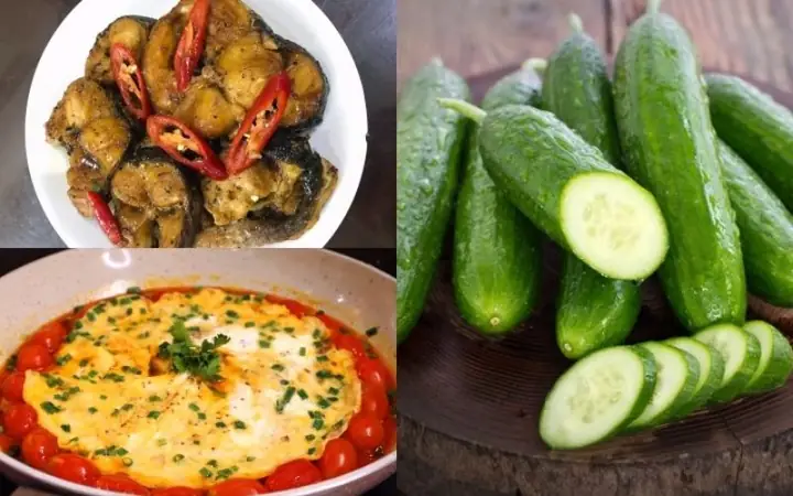 Cơm, Cá Lóc Kho Tiêu, Trứng Chiên Cà Chua, Dưa Leo Cơm, Cá Lóc Kho Tiêu, Trứng Chiên Cà Chua, Dưa Leo