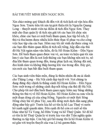 Thuyết Minh Đền Ngọc Sơn: Khám Phá Danh Thắng Hà Nội - Studocu
